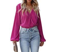 CUPSHE Women Shirt Peasant Sleeve Velvet Tops Casual Loose Fit V Neck Solid Ruched Blouse Fuchsia M