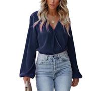 CUPSHE Women Shirt Peasant Sleeve Velvet Tops Casual Loose Fit V Neck Solid Ruched Blouse Navy Blue XL
