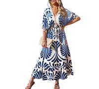 CUPSHE Women Summer Dresses Tassel Tie Front V Neck Batwing Sleeve Smocked Flowy Hawaiian Casual Maxi Dress Blue