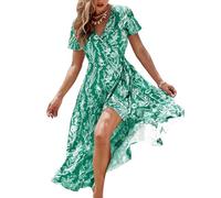 CUPSHE Women Summer Wrap Maxi Dress Casual Split Flared Sleeve V-Neck Ditsy Beach Dress Tie Waist Ruffle Green Floral XS