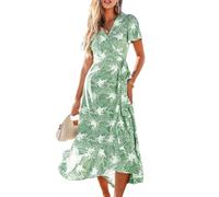 CUPSHE Women Summer Wrap Maxi Dress Casual Split Flared Sleeve V-Neck Ditsy Dress Tie Waist Ruffle Beach Dress Mint Green XL