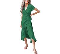 CUPSHE Women Summer Wrap Maxi Dress Casual Split Flared Sleeve V-Neck Ditsy Dress Tie Waist Ruffle Beach Dress Dark Green XS