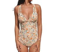 CUPSHE Women Swimming Costume Tummy Control One Piece Swimsuits Deep V Neck Double Straps Crisscross Back Tie Bathing Suits Beige/Floral M