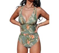 CUPSHE Women Swimming Costume Tummy Control One Piece Swimsuits Deep V Neck Double Straps Crisscross Back Tie Bathing Suits Moss Green/Tropical L