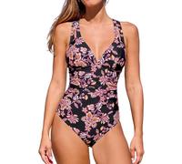 CUPSHE Women Swimming Costume Tummy Control One Piece Swimsuits Deep V Neck Double Straps Crisscross Back Tie Bathing Suits Black/Dusty Rose Pink M