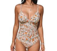 CUPSHE Women Swimsuit One Piece V Neck Tummy Control Ruched Front Low Back Bathing Suit Swimwear Yellow Floral M