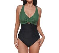 CUPSHE Women Swimsuit One Piece Wrap Ruched Tummy Control Swimwear Push Up V Neck Crisscross Back High Waisted Swimming Costume Dark Green/Black XS