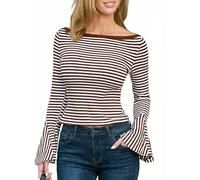 CUPSHE Women Top Long Bell Sleeve Cropped Blouse Boat Neck Striped Slim Fit Knit Shirts Fall Tee Top Brown White XL