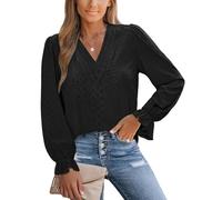 CUPSHE Women Tops Long Sleeves V Neck Ruffled Trim Ladies Dressy Tunic Blouse Casual Shirts Loose Black M