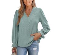 CUPSHE Women Tops Long Sleeves V Neck Ruffled Trim Ladies Dressy Tunic Blouse Casual Shirts Loose Green XL