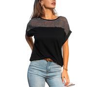CUPSHE Women Tops Short Sleeve Glitter Mesh Panel Top Round Neck Loose Casual Party Blouse Black L