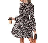 CUPSHE Women's A-Line Mini Dress Flowy Swing Ditsy Floral Print Long Sleeve Round Neck Smocked Fall Party Casual Dress Black M