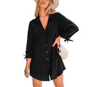 CUPSHE Women's Beach Cover Up V Neck Button Down Lang Sleeve with Bow Tops Summer Beachshirt Black S