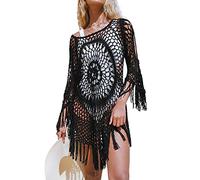 CUPSHE Women's Bikini Cover Up Fringe Hole Pattern Mini Beach Dress Summer Sexy Cutout Beach Crochet Cover Up, black, M