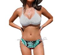 CUPSHE Women's Bikini Set Back Braided Straps Lace Up Bikini Reversible Bottom Two Piece Swimwear Bathing Suits Vertical Stripes/Tropical L