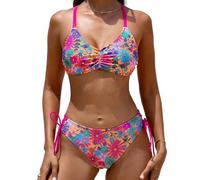 CUPSHE Women's Bikini Set Back Braided Straps Lace Up Bikini Reversible Bottom Two Piece Swimwear Bathing Suits Vertical Magenta/Ditsy XL