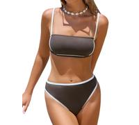 CUPSHE Women's Bikini Set Bandeau High Waist Contrast Piping High Cut Textured Two Piece Swimsuit Swimwear for Summer and Beach, Dark brown/white, S