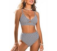 CUPSHE Women's Bikini Set High Waisted Two Piece Swimsuit Twist Front Cutout Bathing Suit Full Coverage Ruched Black/Geo L