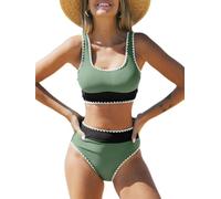 CUPSHE Women's Bikini Set U Neck High Waist Tank Bikini Wide Straps Crochet Piping Cheeky Swimwear Two Piece Swimsuit, Green/black, XL