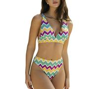 CUPSHE Women's Bikini Set V Neck High Waist Bikini Wide Straps Lace Up Wave Pattern Swimwear Two Piece Swimsuit, Colourful/wave stripes, S