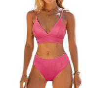 CUPSHE Women's Bikini Set V-Neck Triangle Wide Under-Bust Band Lace-Up Mid-Waist Bikini Swimwear Two-Piece Swimsuit