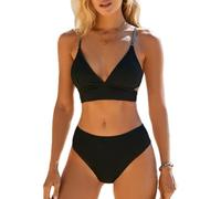 CUPSHE Women's Bikini Set V-Neck Triangle Wide Under-Bust Band Lace-Up Mid-Waist Bikini Swimwear Two-Piece Swimsuit Black L