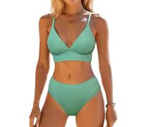 CUPSHE Women's Bikini Set V-Neck Triangle Wide Under-Bust Band Lace-Up Mid-Waist Bikini Swimwear Two-Piece Swimsuit