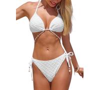 CUPSHE Women's Bikini Sets Halter Neck Two Pieces Textured Bathing Suit Adjustable Pearl Chain Straps Side Drawstring Swimwear Swimming Costume White L