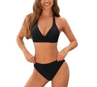 CUPSHE Women's Bikini Sets Halter V Neck Self Tied Double Straps Mid Rise Bottom Two Piece Swimsuit Black M