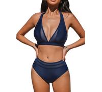 CUPSHE Women's Bikini Sets Halter V Neck Tie Back Mesh Panel High Waisted Bottom Two Piece Swimsuit Navy XS