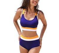 CUPSHE Women's Bikini Sets High Waisted Color Block Double Wide Straps Crisscross Back Sport Two Piece Swimsuit Blue/Yellow/White M