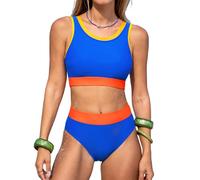 CUPSHE Women's Bikini Sets High Waisted Scoop Neck Color Block U Back Tank Top Wide Straps Two Piece Swimsuit Swimming Costume Royal Blue/Orange S