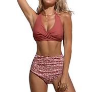 CUPSHE Women's Bikini Sets High Waisted V Neck Halter Wrap Ruched Back Hook Textured Two Piece Brick Red/Floral XL