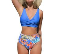 CUPSHE Women's Bikini Sets High Waisted V Neck Wrapped Front Lace Up Back Ruched Wide Straps Two Piece Swimsuit Blue/Tropical Floral M