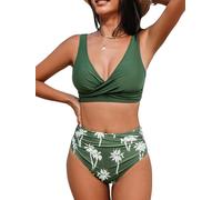 CUPSHE Women's Bikini Sets High Waisted V Neck Wrapped Front Lace Up Back Ruched Wide Straps Two Piece Swimsuit Forest Green/Tropical S