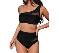 CUPSHE Women's Bikini Sets One Shoulder High Waisted Asymmetrical Neck Ruched Cutout Mesh Two Piece Swimsuit Black L