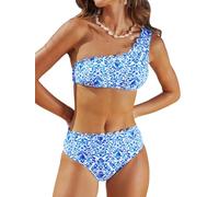 CUPSHE Women's Bikini Sets One Shoulder Mid Rise Scalloped Wide Strap Back Hook Two Piece Swimwear White/Blue Baroque Floral XS