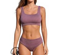 CUPSHE Women's Bikini Sets Square Neck Two Piece Sporty Bathing Suits Textured Crisscross Mid Rise Dusty Purple L