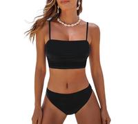 CUPSHE Women's Bikini Sets Two Piece Swimsuit Bandeau Top Square Neck Mid Rise Ruched Bathing Suit Spaghetti Straps Black M