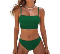 CUPSHE Women's Bikini Sets Two Piece Swimsuit Bandeau Top Square Neck Mid Rise Ruched Bathing Suit Spaghetti Straps Dark Green XL