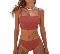 CUPSHE Women's Bikini Sets Two Piece Swimsuit Bandeau Top Square Neck Mid Rise Ruched Bathing Suit Spaghetti Straps Brick Red S