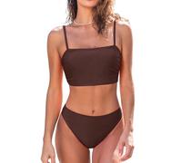CUPSHE Women's Bikini Sets Two Piece Swimsuit Bandeau Top Square Neck Mid Rise Ruched Bathing Suit Spaghetti Straps Chocolate Brown XL