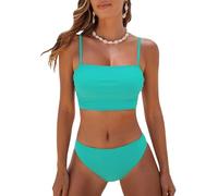 CUPSHE Women's Bikini Sets Two Piece Swimsuit Bandeau Top Square Neck Mid Rise Ruched Bathing Suit Spaghetti Straps Green L