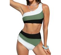 CUPSHE Women's Bikini Sets Two Piece Swimsuit High Waisted One Shoulder Color Block Ruched Asymmetrical Black/Dark Green L