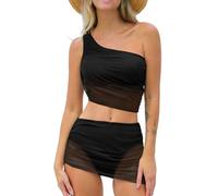 CUPSHE Women's Bikini Sets Two Piece Swimsuit One Shoulder Ruched Mesh Mid Rise Skirt Bottom Asymmetrical Swimwear Swimming Costume Black XS