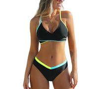 CUPSHE Women's Bikini Sets Two Piece Swimsuit V Neck Color Block Bathing Suit Cutout Crisscross Back Self Tie Swimwear Royal Blue M