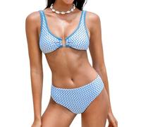 CUPSHE Women's Bikini Sets Two Piece Swimsuit V Neck Reversible Bottom Adjustable Straps U Ring Back Hook Bathing Suit Swimwear White/Blue Geo S
