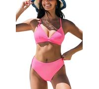 CUPSHE Women's Bikini Sets Two Piece Swimsuit V Neck Triangle Cups Textured Back Self Tie Spaghetti Straps Swimwear Swimming Costume Hot Pink L