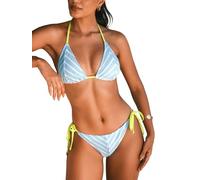 CUPSHE Women's Bikini Sets Two Piece Swimsuit with Diamond Neckline Halter Straps Low Rise Mid Leg Cut Bikini Swimsuit Pastel Waves Chevron S