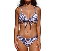 CUPSHE Women's Bikini Sets V Neck Knot Bunny Tie Low Waisted Crisscross Back Two Piece Swimsuit Bathing Suit White/Navy Floral XL